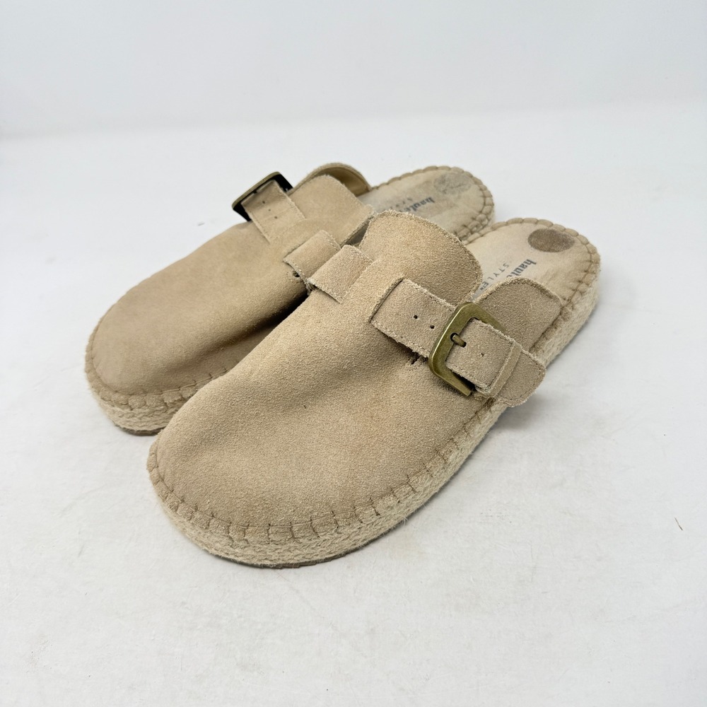 Haute Hippie Aria Mules Tan 9M Suede Espadrille Buckle Clogs Boho Coastal Earthy